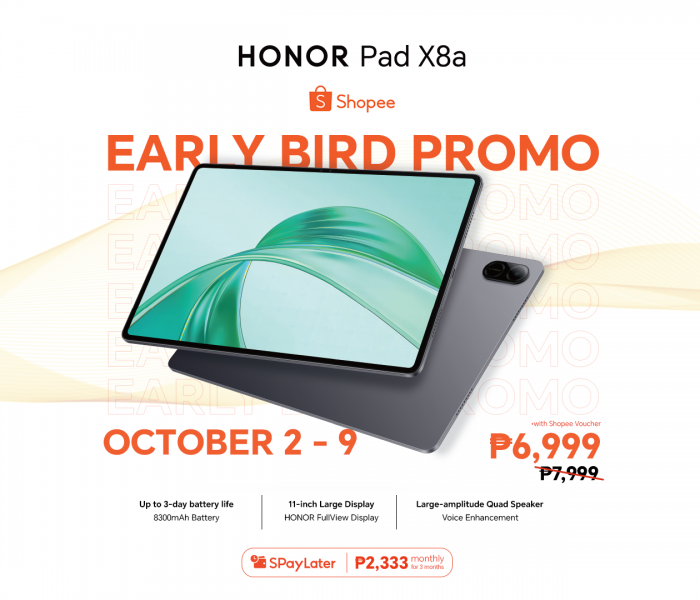 HONOR Pad X8a is available on Shopee starting October 2 for only Php 6,999!